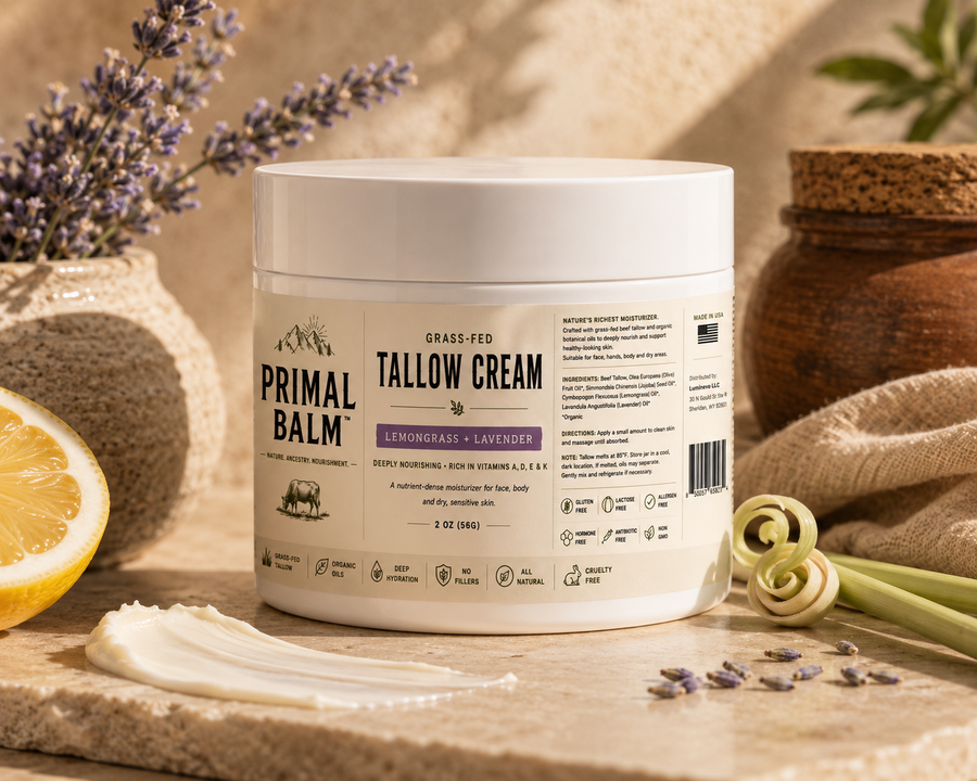 Primal Balm grass-fed tallow cream jar, Lemongrass and Lavender, on a warm cream background
