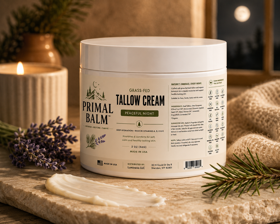 Primal Balm tallow cream jar, Peaceful Night, soft natural light