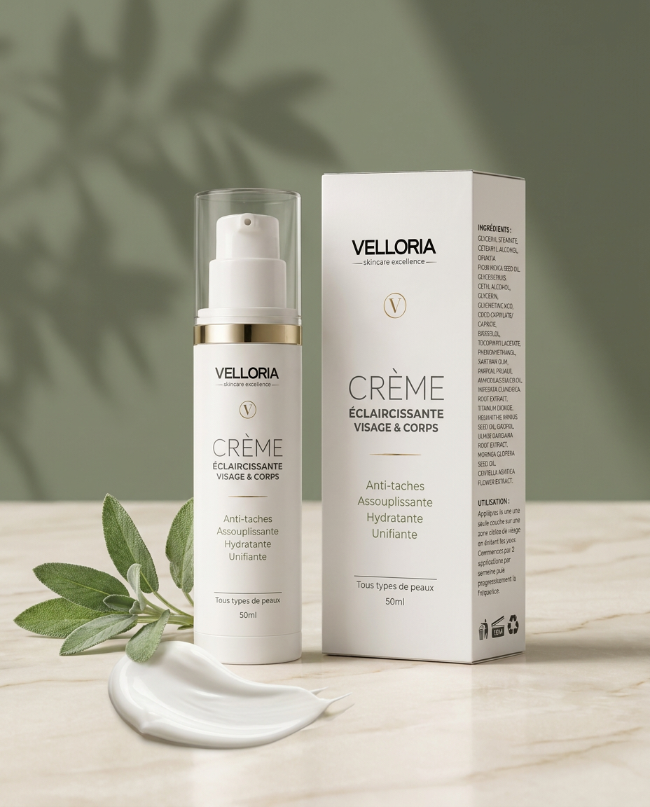 Crème Éclaircissante VELLORIA — texture crème sur marbre
