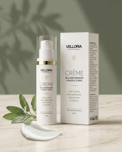 Crème Éclaircissante VELLORIA — texture crème sur marbre