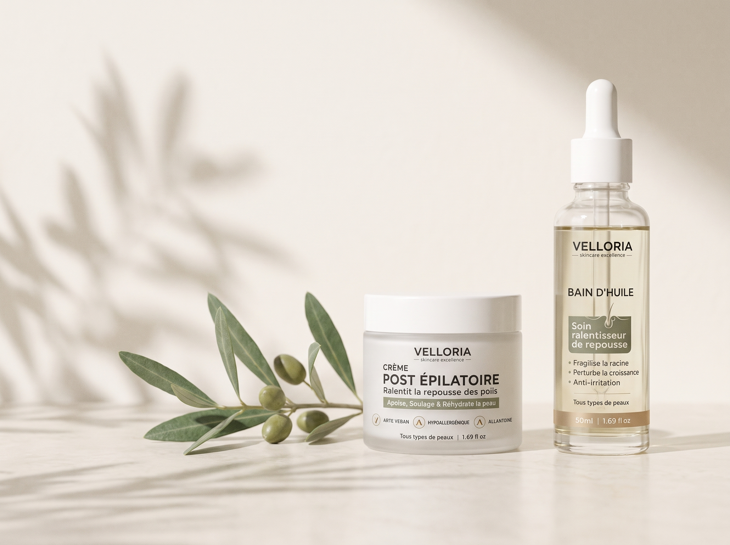 Duo VELLORIA — crème post-épilatoire et bain d'huile sur pierre ivoire