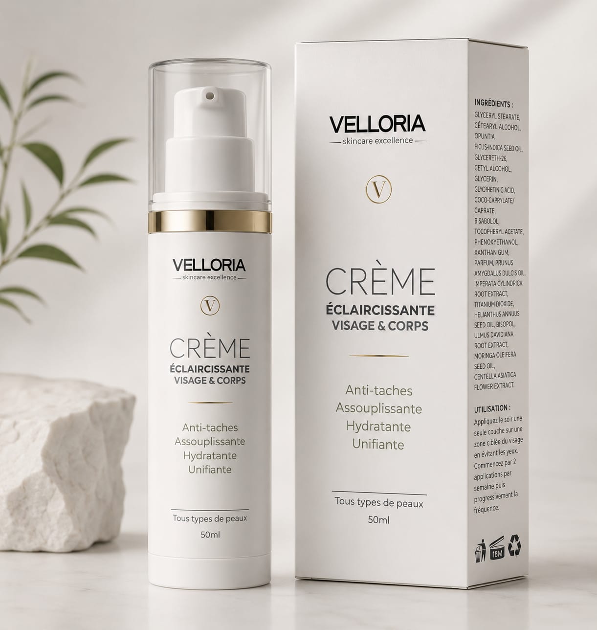 Crème Éclaircissante Visage & Corps VELLORIA avec son étui